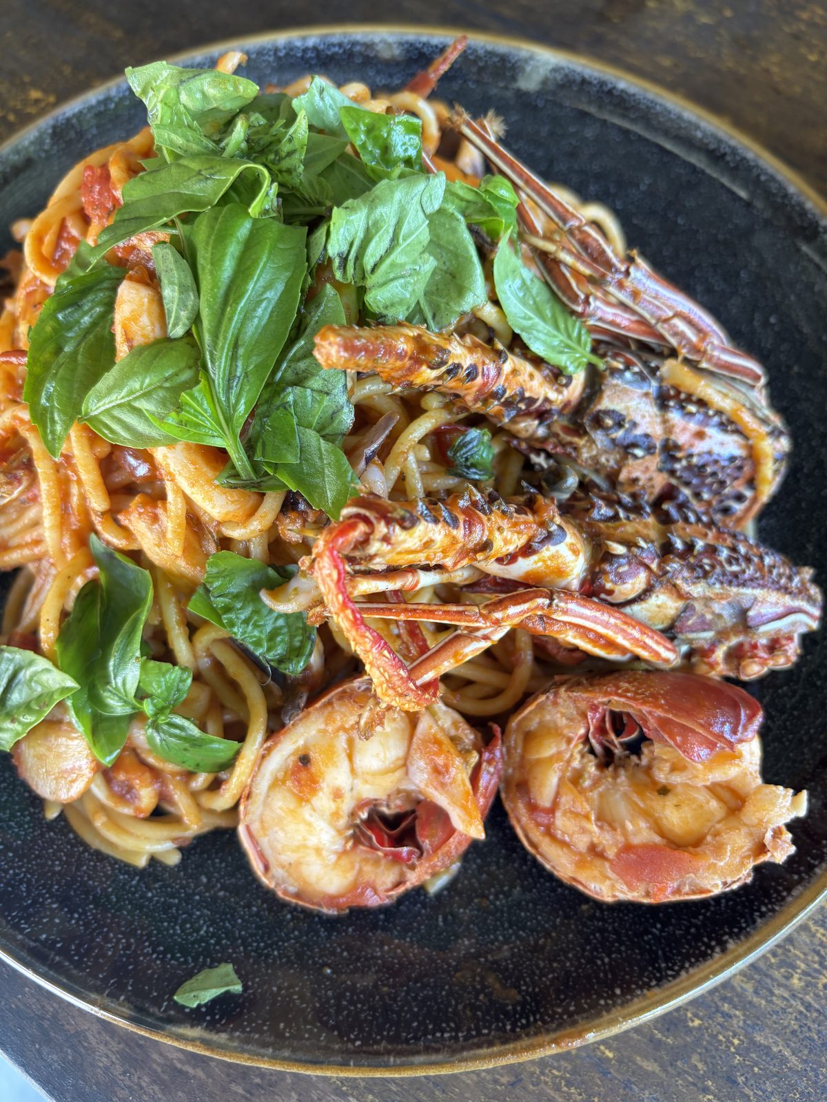 Spiny lobster pasta with fresh basil at CintaDamai